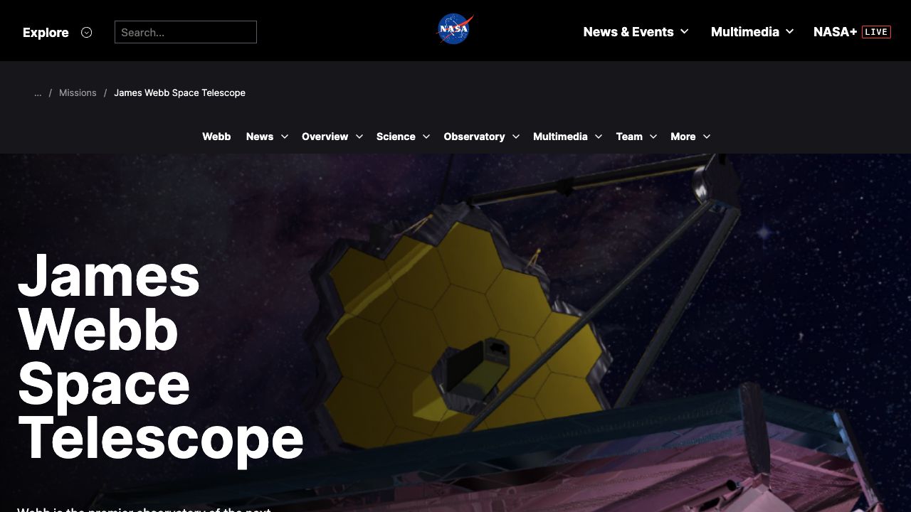 Actual webpage screenshot showing the NASA Webb page on the TV.